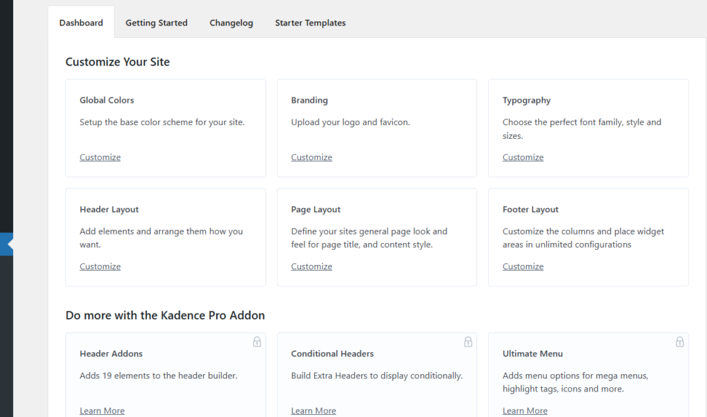 Kadence header and footer builder interface