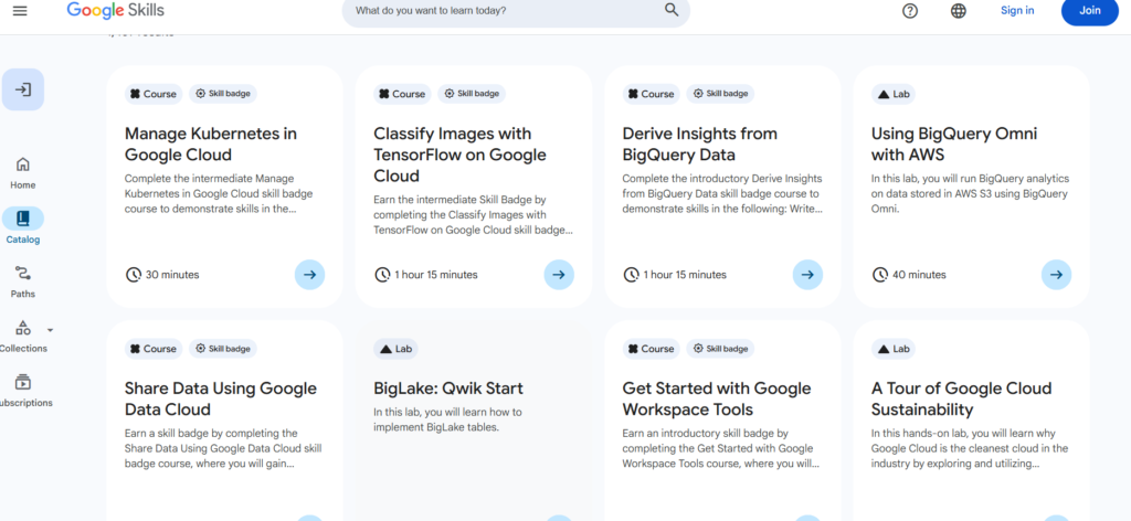 Skills.Google course categories page