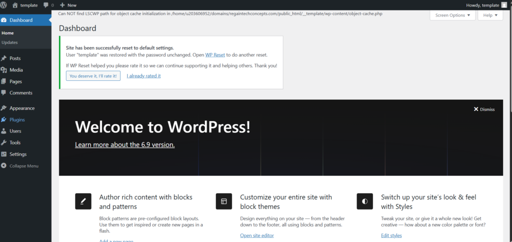 WordPress web design dashboard interface