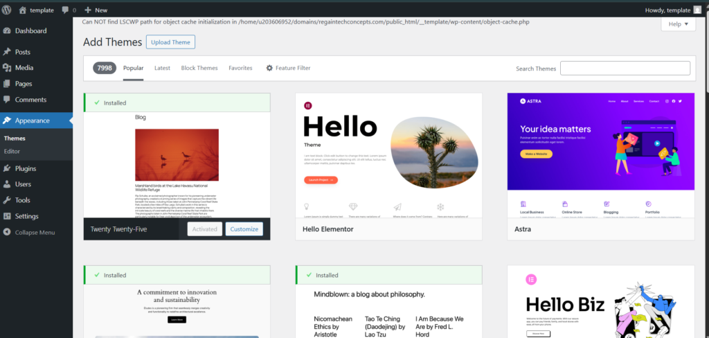WordPress themes and plugins selection screen