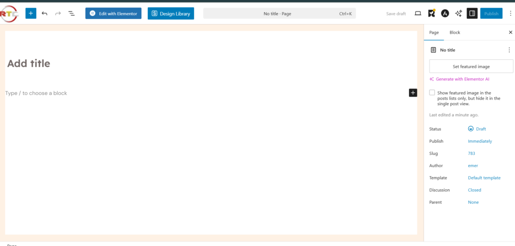 Creating a new page in the WordPress editor