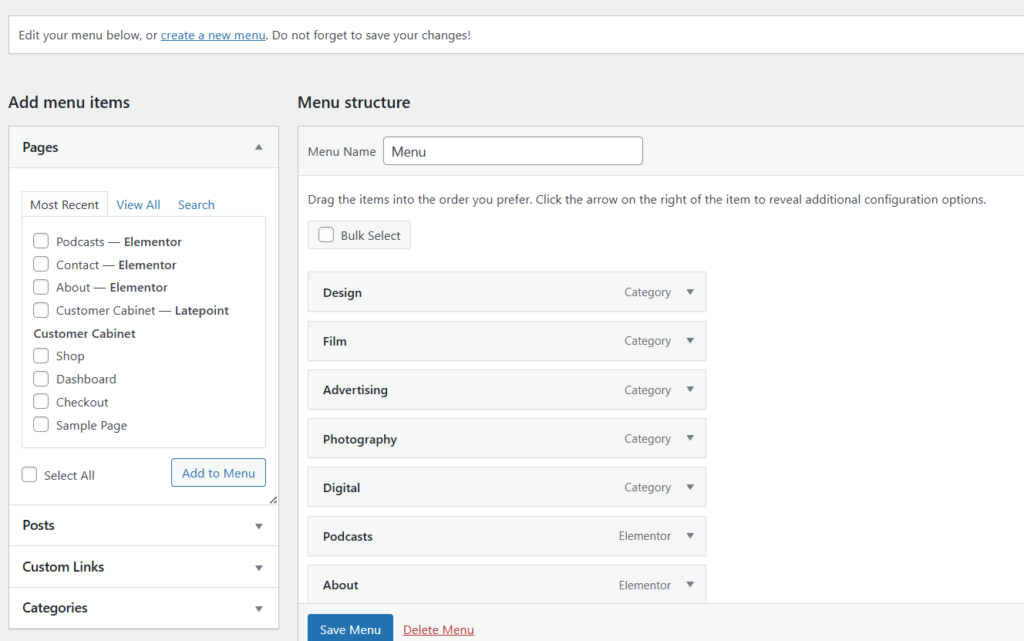 WordPress navigation menu example