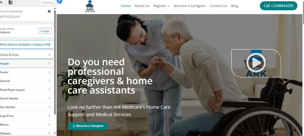 WordPress header layout using the Kadence theme