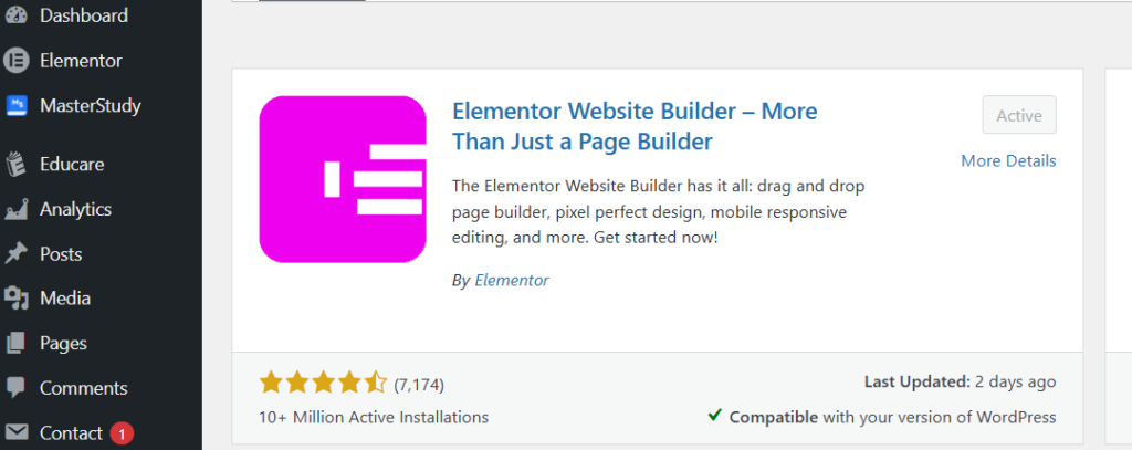 Installing the Elementor plugin from the WordPress plugin directory