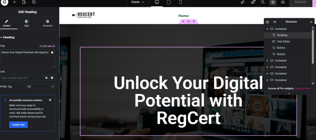  Designing homepage using Elementor page builder