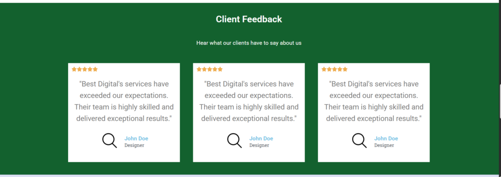 Customer testimonial section on WordPress homepage