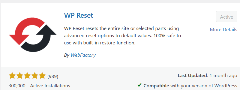 Reset a WordPress website using WP Reset plugin
