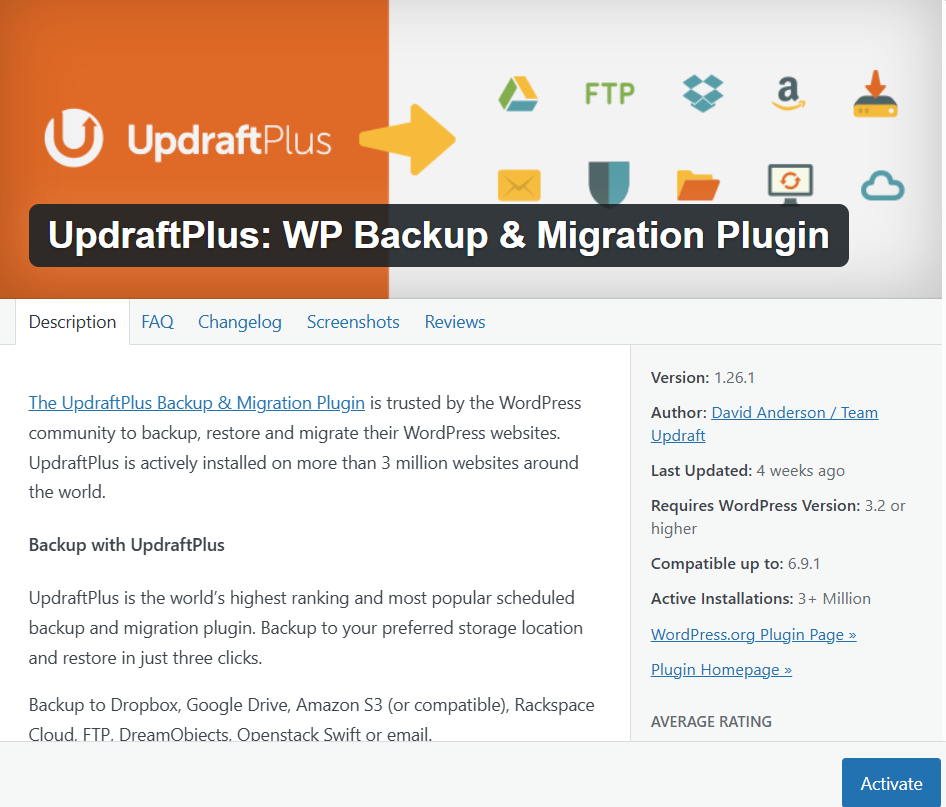 WordPress backup dashboard screenshot