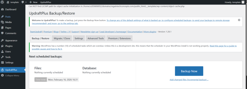 WordPress backup dashboard screenshot
